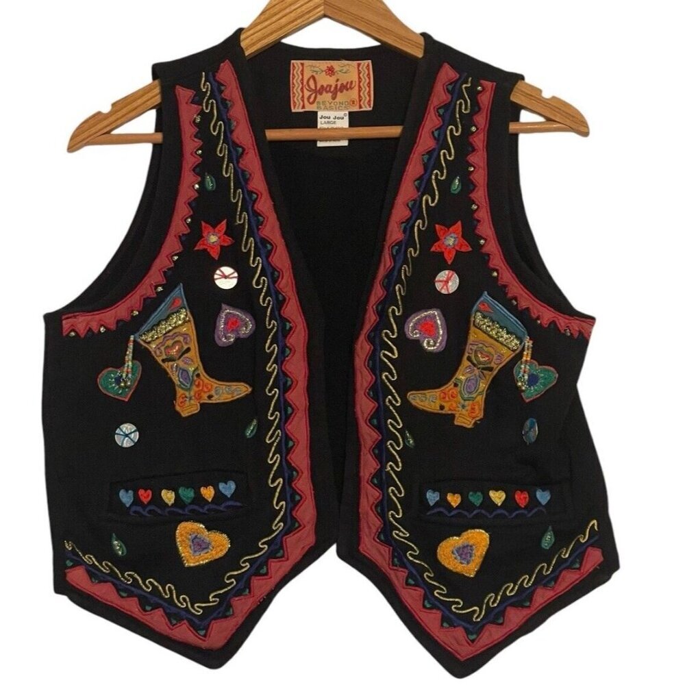 Jou Jou WESTERN COLORFUL COWBOY BOOT PATCHWORK FUNKY BLACK VEST Womens Large